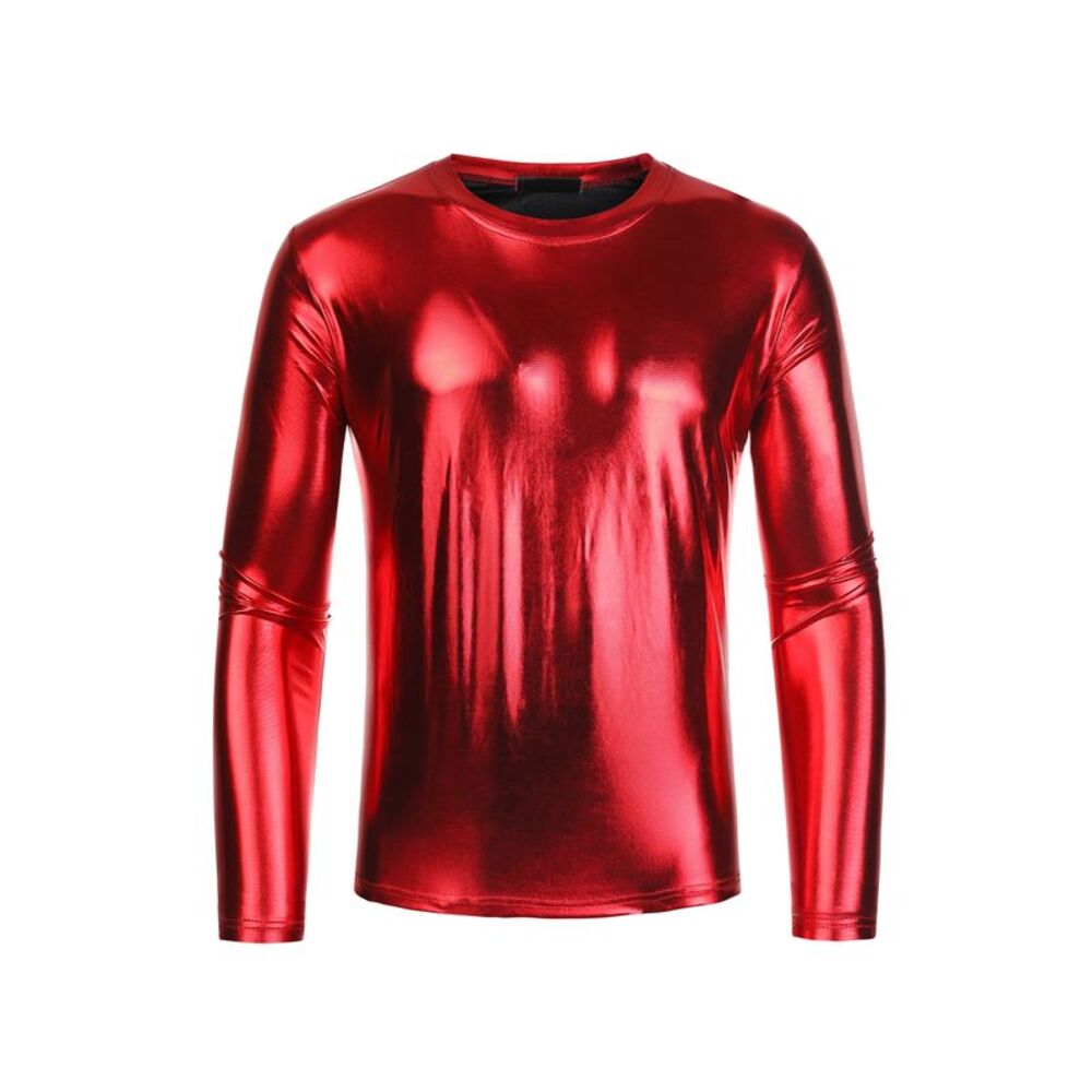 Metallic T-Shirt Round Neck Long Sleeves Shining Disco Tee Top Red